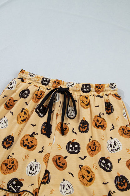 Halloween Pumpkin Print Ruffle Shorts Pajama Set