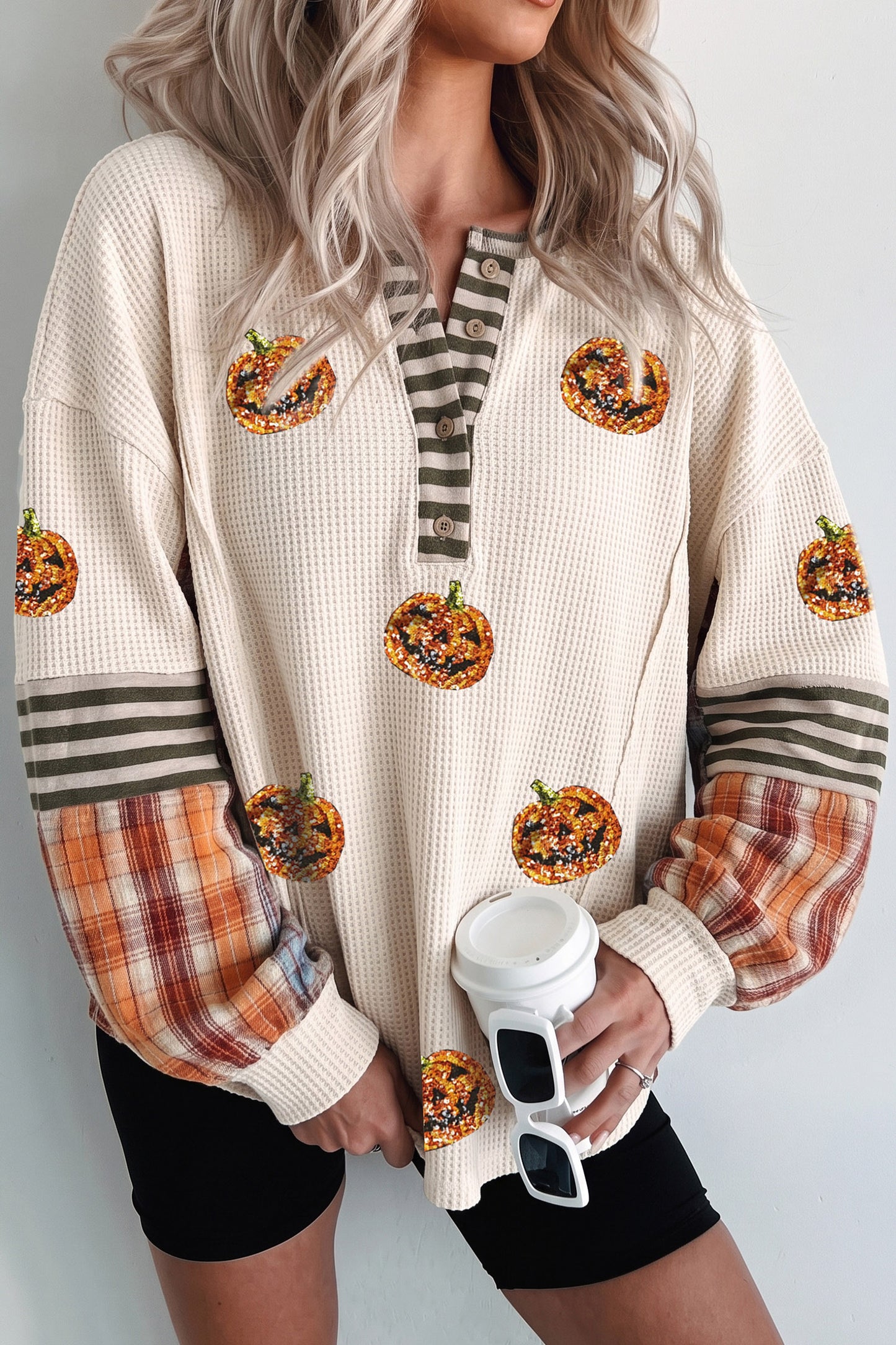 Sequin Pumpkin Waffle Henley Plaid Sleeve Halloween Top