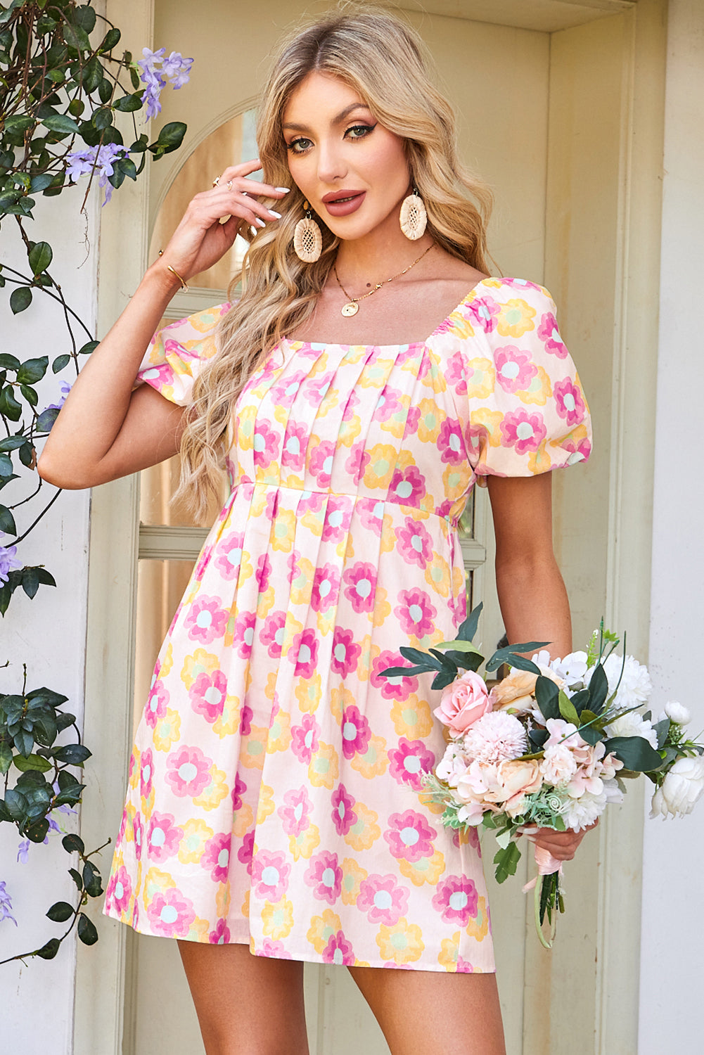 Rose Floral Square Neck Puff Sleeve Babydoll Mini Dress