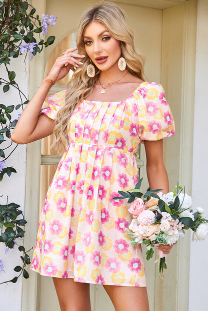 Rose Floral Square Neck Puff Sleeve Babydoll Mini Dress