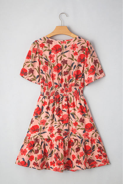 Boho Floral V Neck Smocked Waist Mini Dress