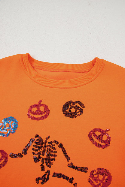 Sequin Skeleton Pumpkin Halloween Crewneck Sweatshirt