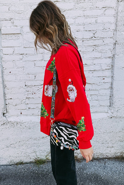 Red Santa Claus Christmas Tree Drop Shoulder Sweatshirt