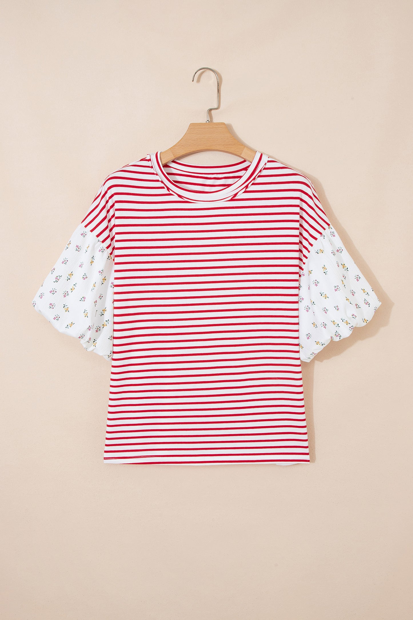 Striped Floral Patchwork Puff Sleeve Loose Casual Top
