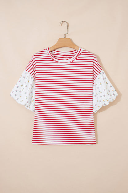 Striped Floral Patchwork Puff Sleeve Loose Casual Top