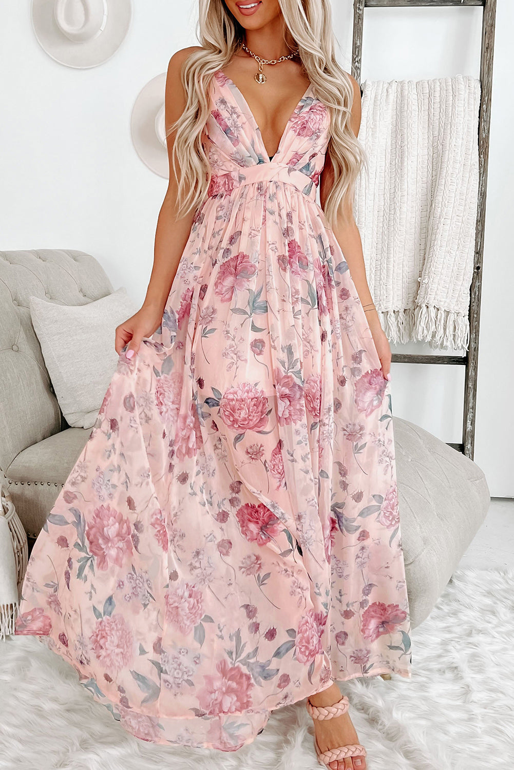 Floral V Neck Maxi Dress Backless Boho Vacation Dress