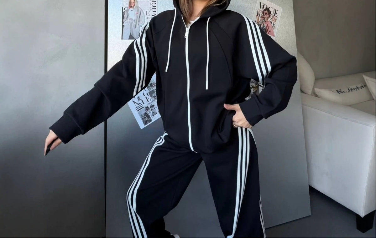 Women's Color Block Zip Hoodie & Wide Leg Pants Set