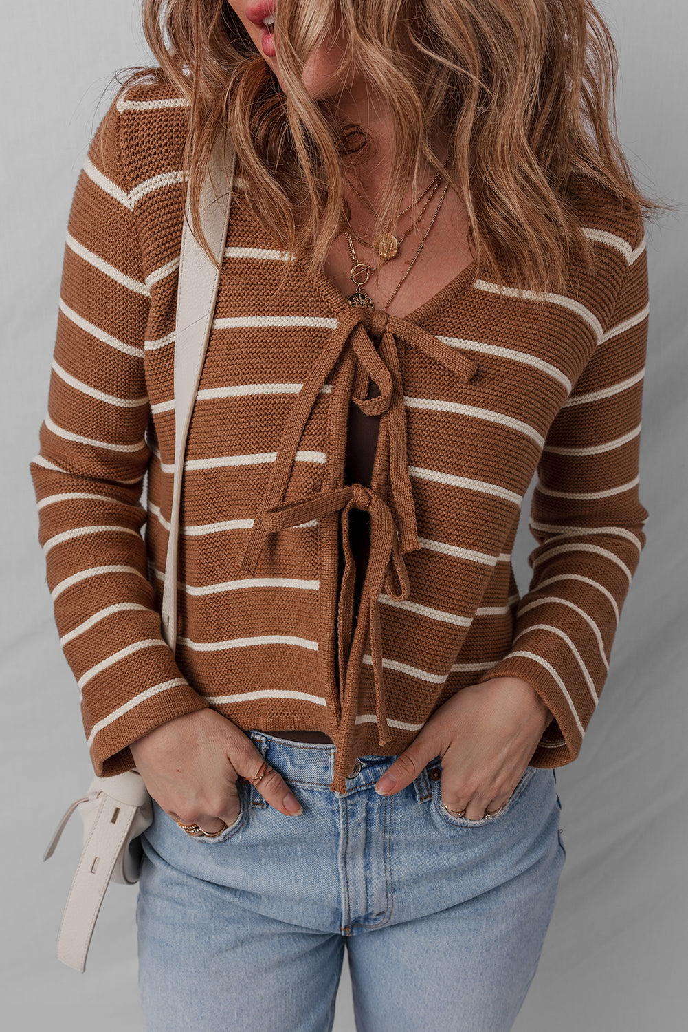 Chestnut Striped Knit Tie Front V Neck Cardigan Sweater