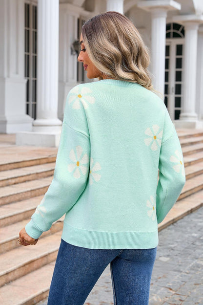 Floral Knit Pullover Sweater - Spring Pastel Daisy Top
