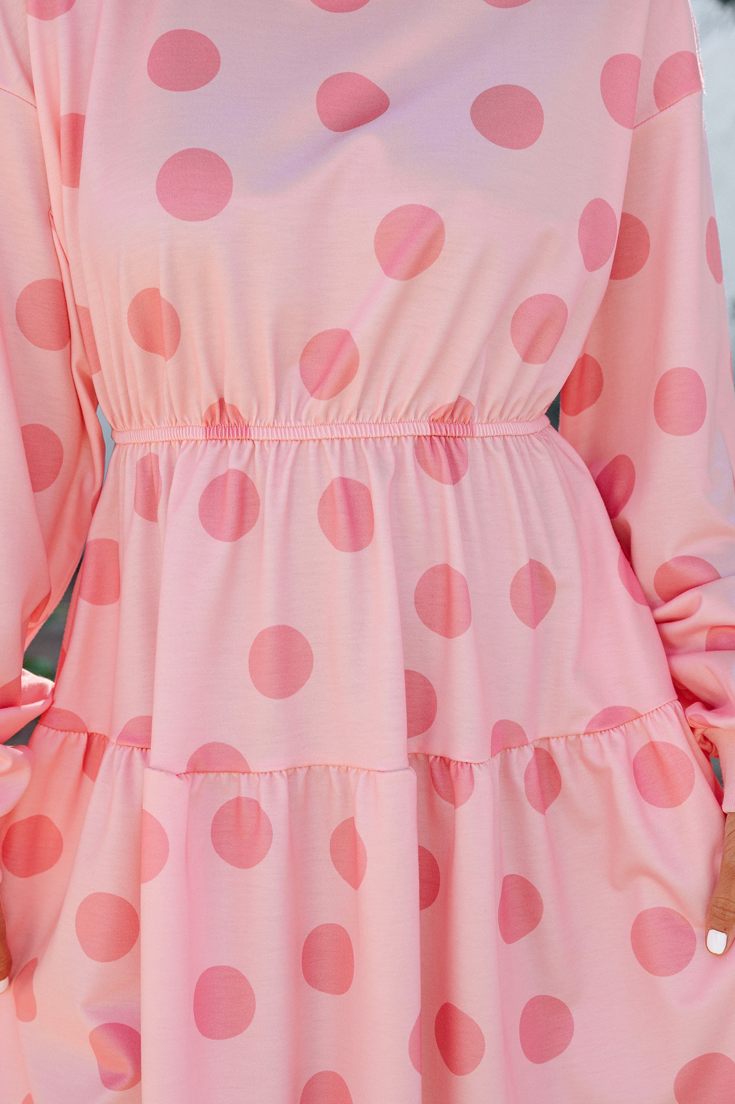Pink Polka Dot Long Sleeve Tiered Mini Dress