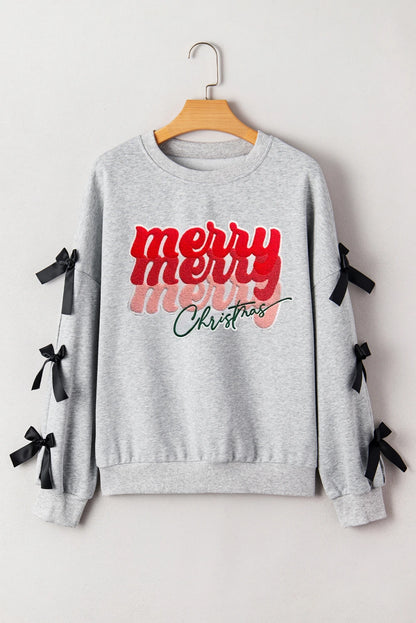Merry Christmas Letter Graphic Ribbon Bow Split Sleeve Baggy Sweatshirt