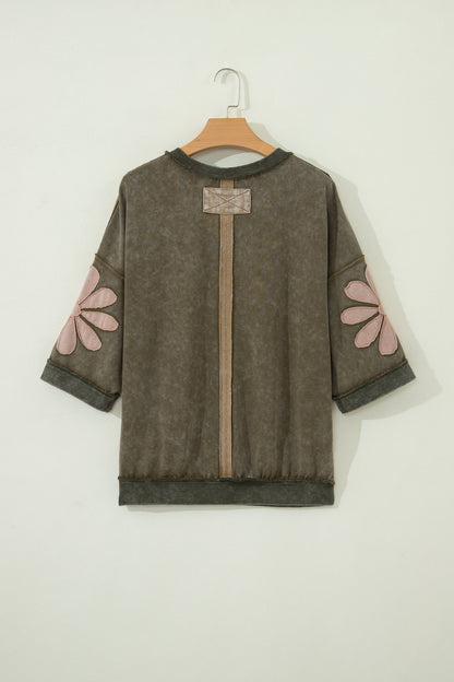 Mineral Wash Floral Patchwork Oversized Raw Seam Top