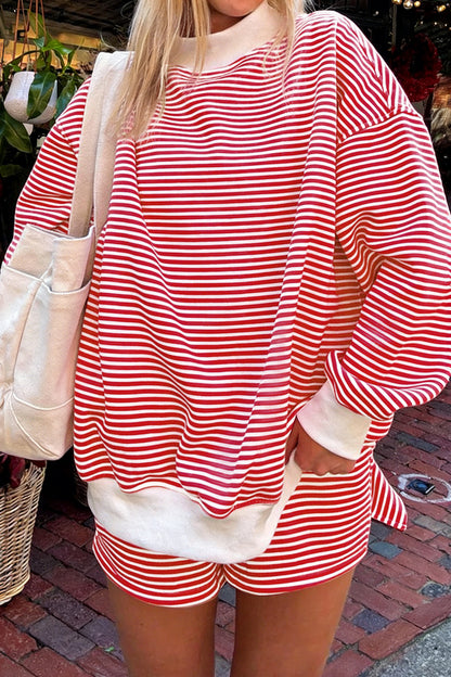 Pink Stripe Oversized Mock Neck Sweatshirt Shorts Set