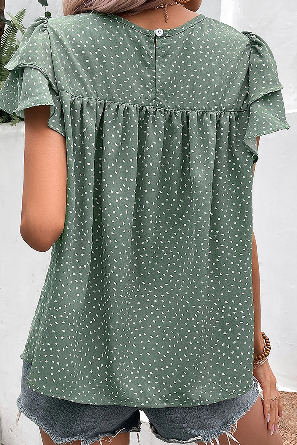 Laurel Green Dotted Ruffle Sleeve Pleated Casual Blouse