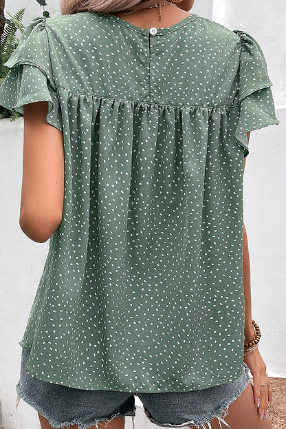 Laurel Green Dotted Ruffle Sleeve Pleated Casual Blouse