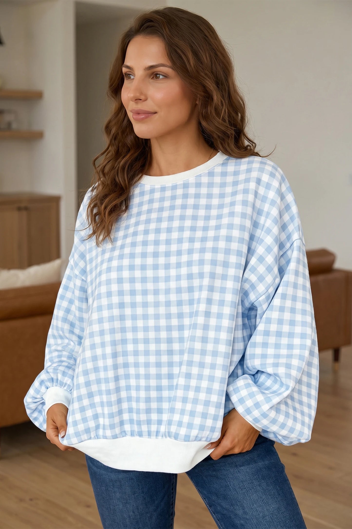 Gingham Plaid Sweatshirt Oversized Puff Sleeve Pullover