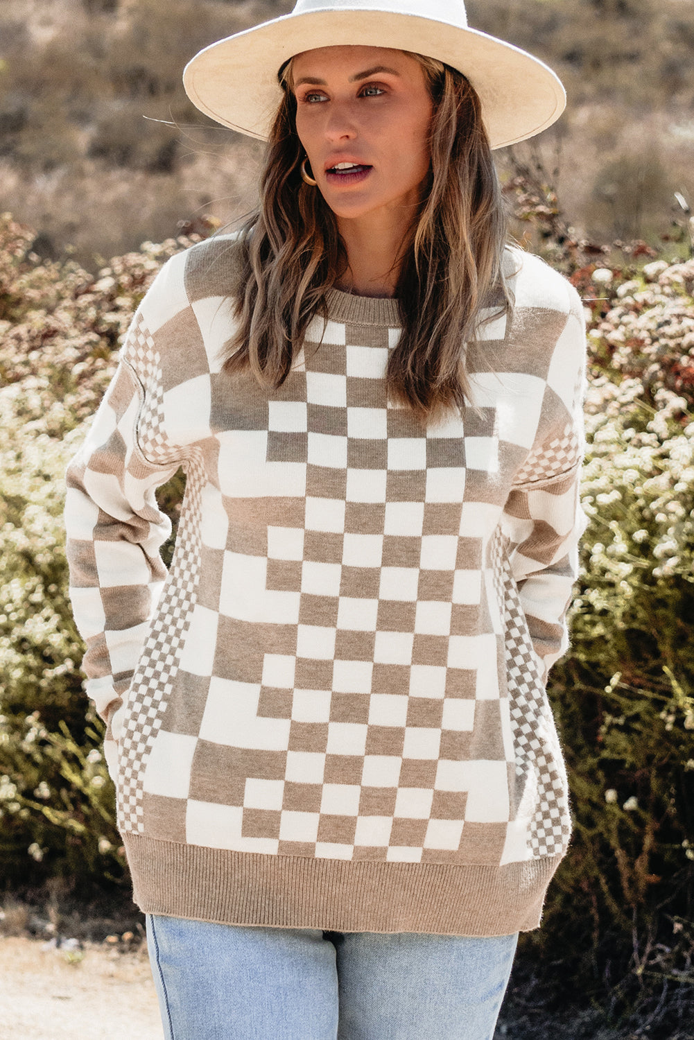 Brown Checkered Print Drop Shoulder Round Neck Sweater