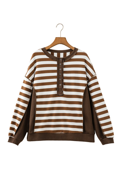 Brown Stripe Henley Button Placket Colorblock Sweatshirt Top