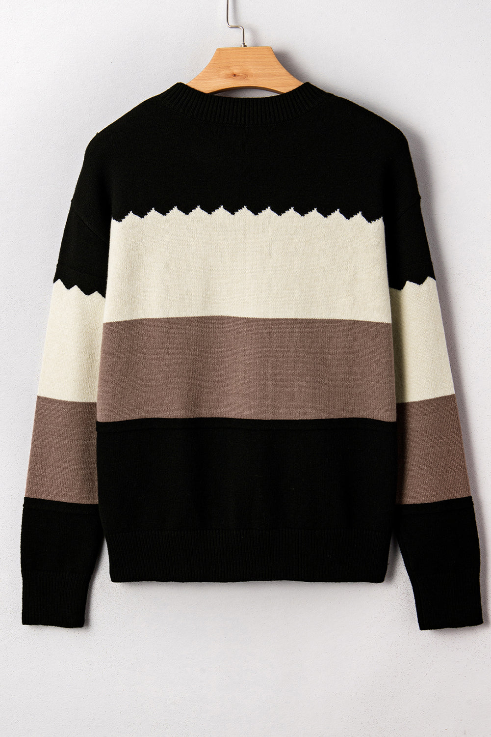 Black Beige Brown Colorblock Drop Shoulder Knit Sweater