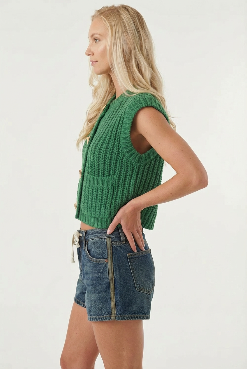 Chunky Knit Button Front Sweater Vest with Pockets