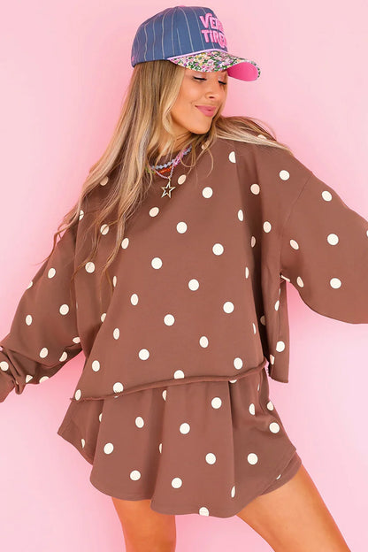 Brown Polka Dot Sweatshirt Skort Two Piece Set