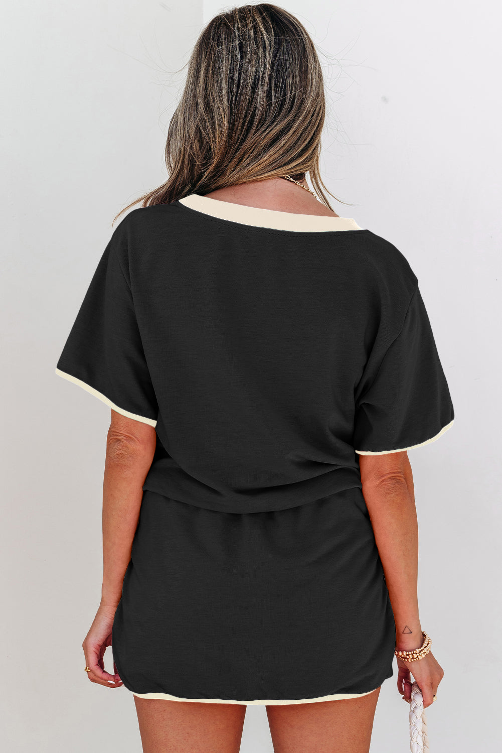 Colorblock Trim Tee Skort Set Drawstring Lounge Set