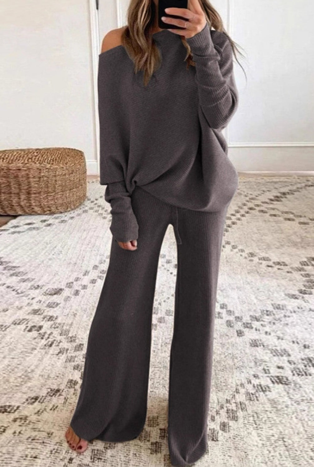Women's Off Shoulder Knit Sweater Wide Leg Pants Lounge Set