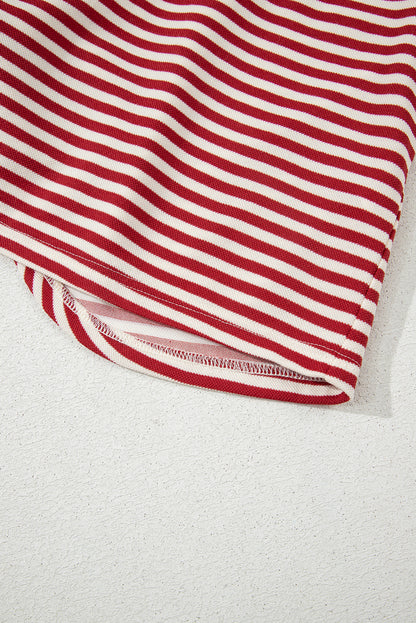 Red Stripe Bow Cutout Back Drop Shoulder Loose Tee