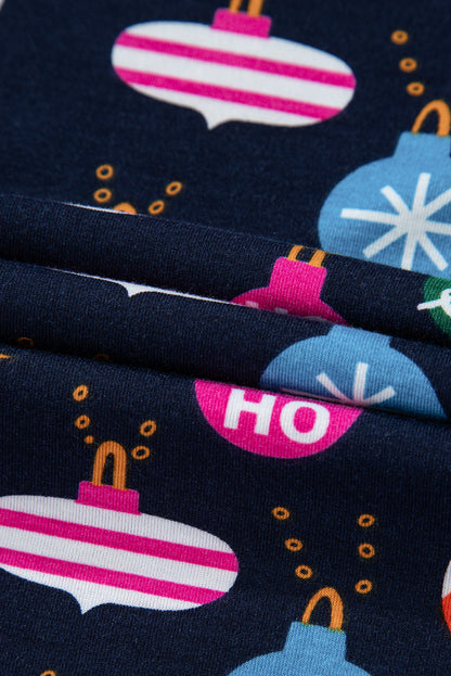Navy Christmas Ornament Print Long Sleeve Pajama Set