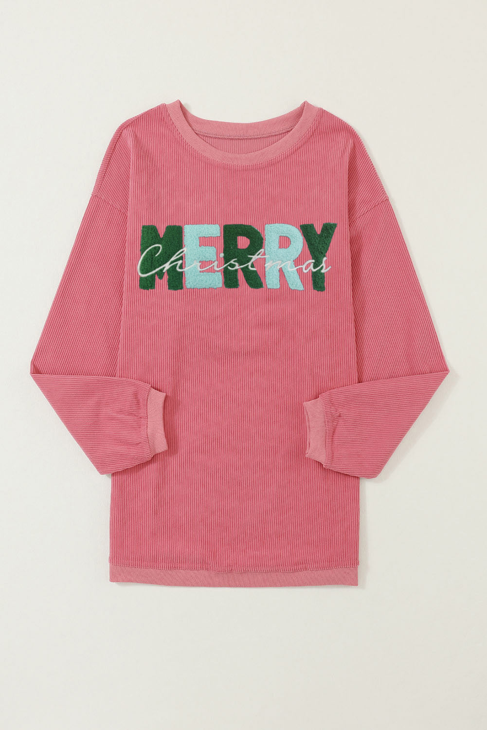 Strawberry Pink Chenille Letter MERRY Christmas Sweatshirt