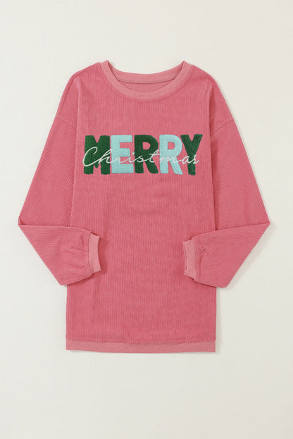 Strawberry Pink Chenille Letter MERRY Christmas Sweatshirt