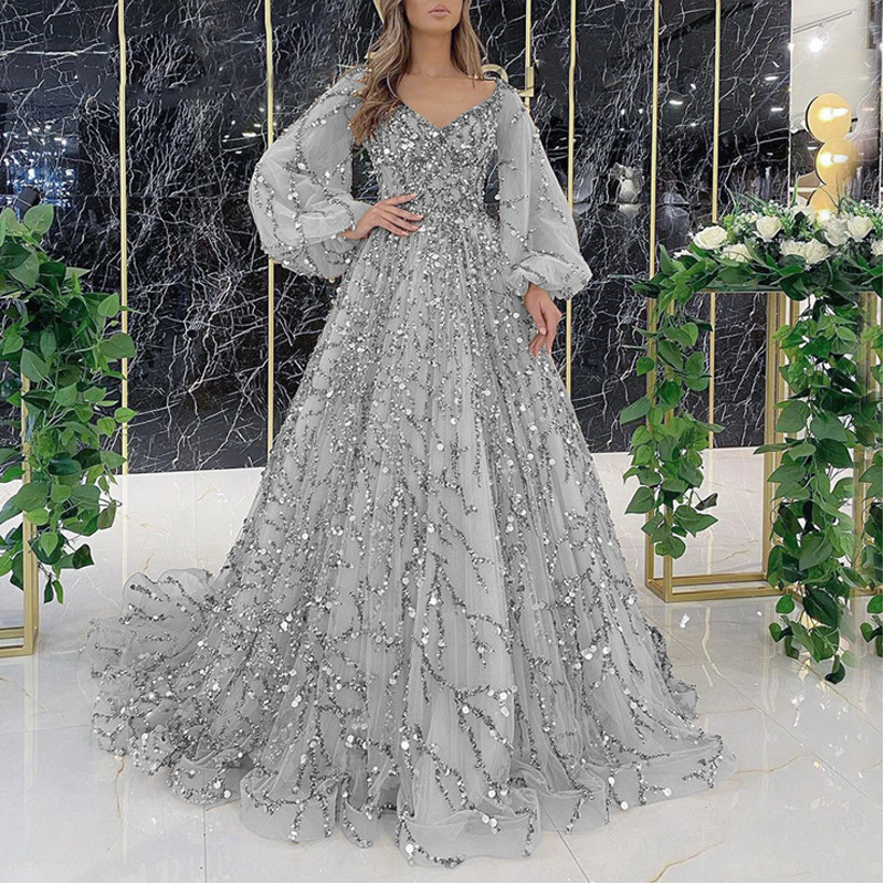 Women's Beaded V-Neck Puff Sleeve Formal Evening Gown