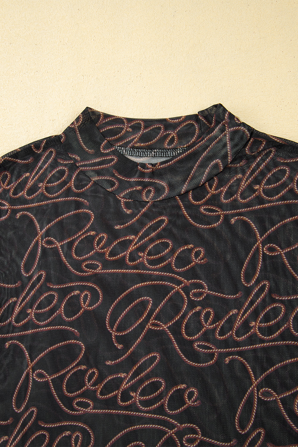 Black Western Rodeo Print Mesh Mock Neck Top
