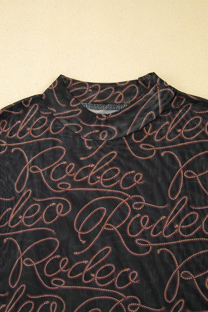 Black Western Rodeo Print Mesh Mock Neck Top