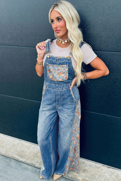 Blue Floral Patchwork Wide Leg Denim Overalls Jumpsuit