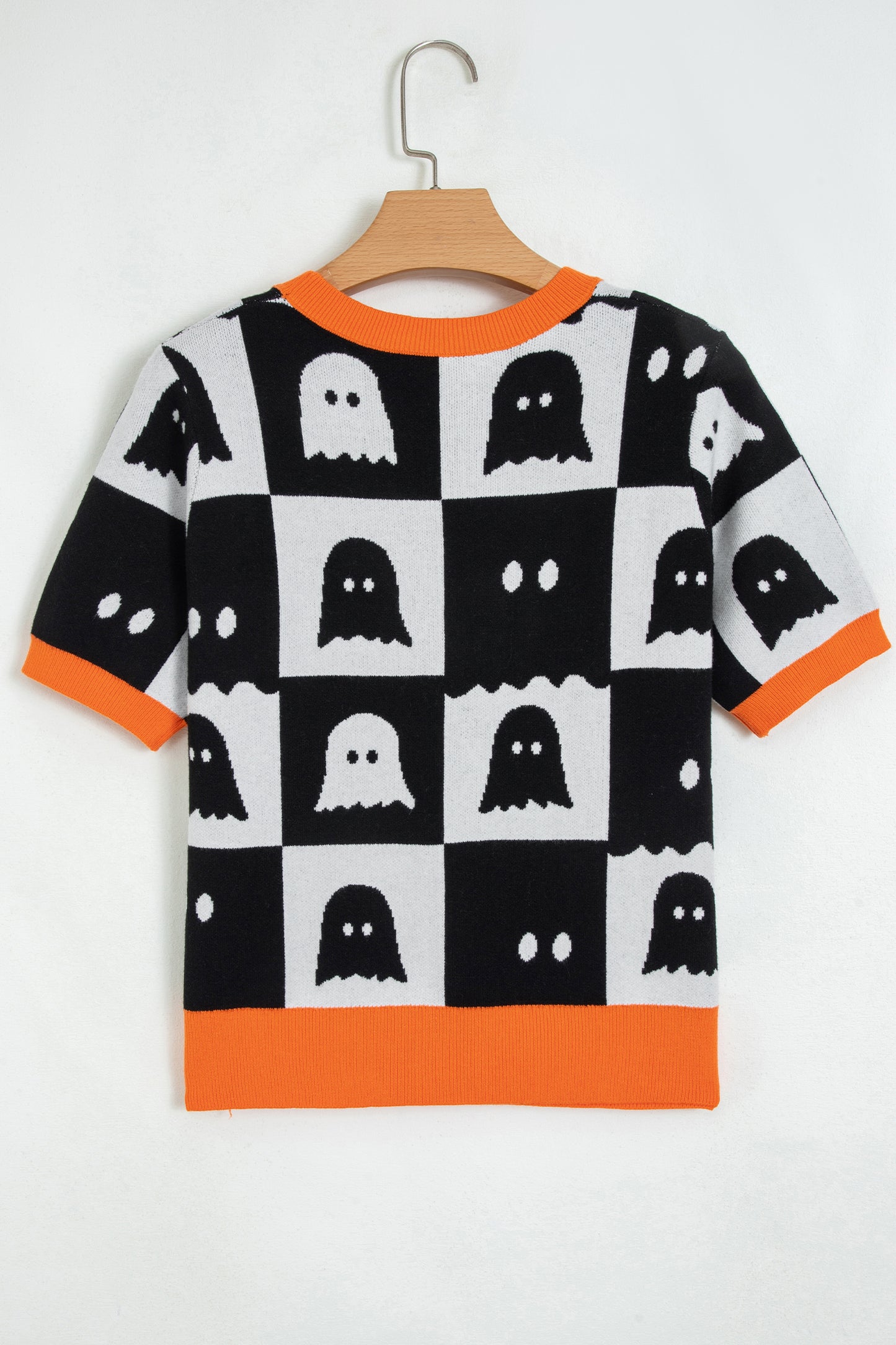 Halloween Ghost Checkered Short Sleeve Knit Sweater