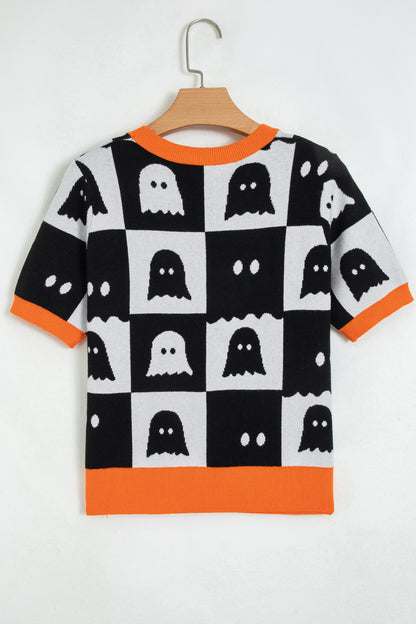 Halloween Ghost Checkered Short Sleeve Knit Sweater