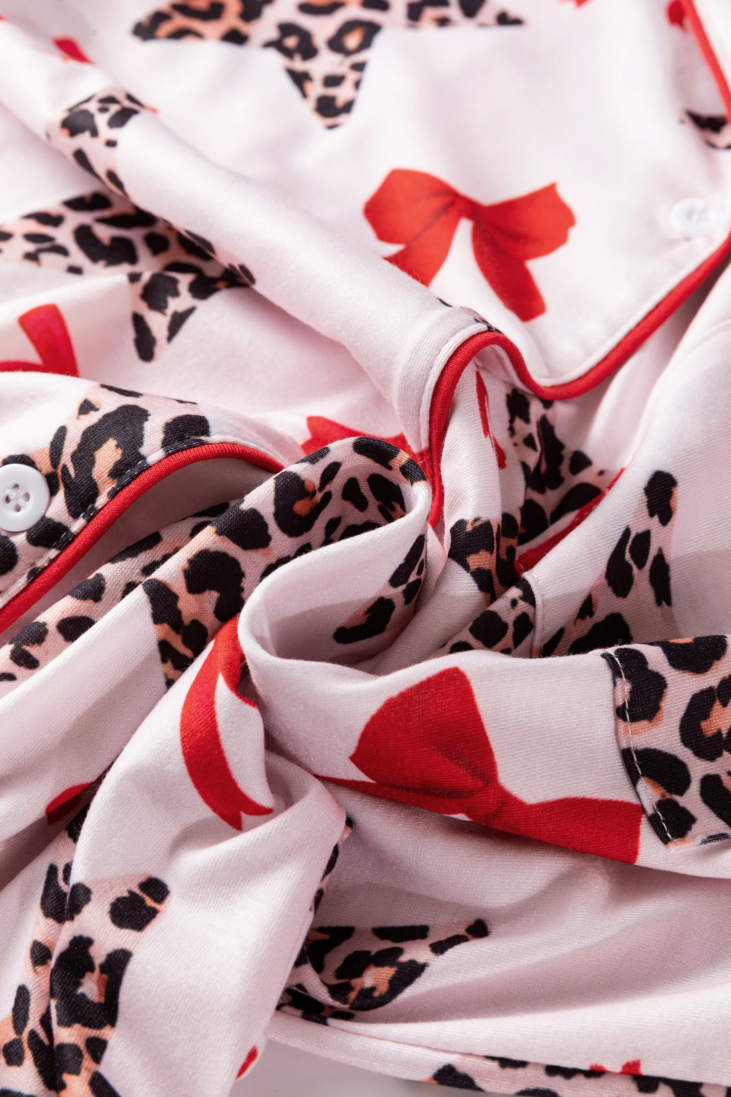 Valentine Leopard Star Ribbon Print Contrast Trim Pajama Set