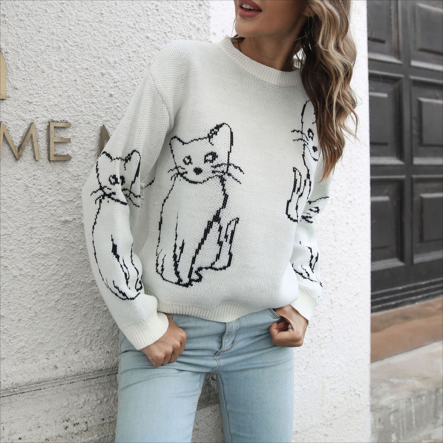 Women's Oversized Cat Graphic Sweater Crewneck Pullover