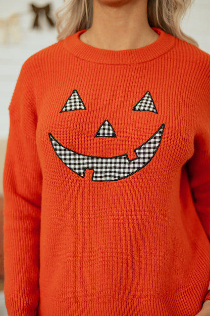 Orange Jack-O-Lantern Halloween Drop Shoulder Knit Sweater