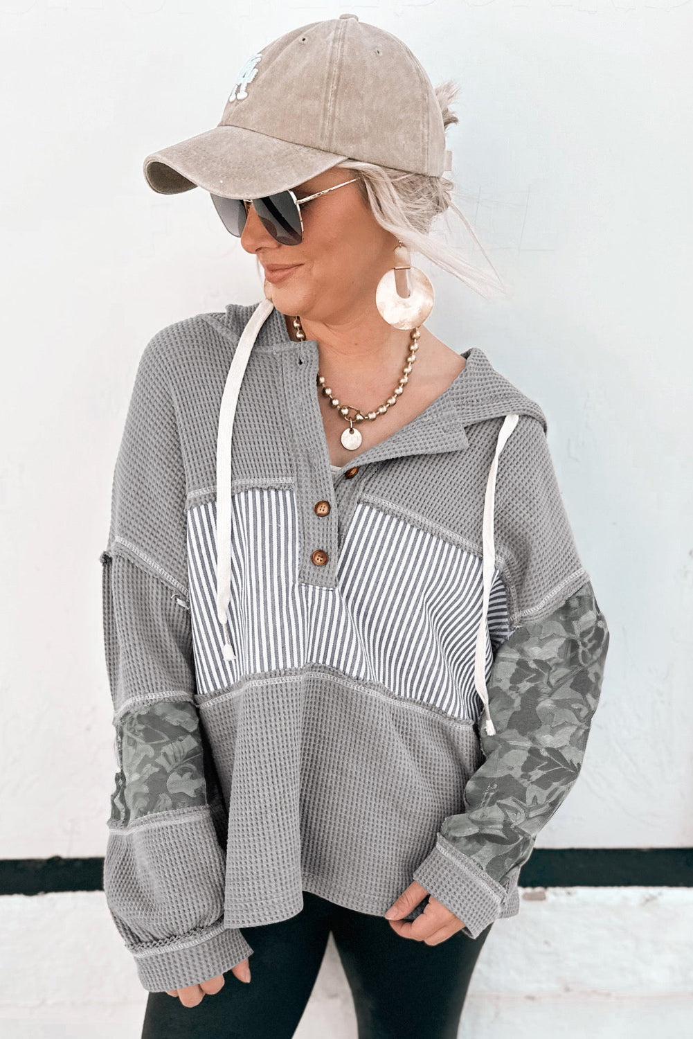 Cinnamon Waffle Printed Patchwork Drawstring Hooded Long Sleeve Top