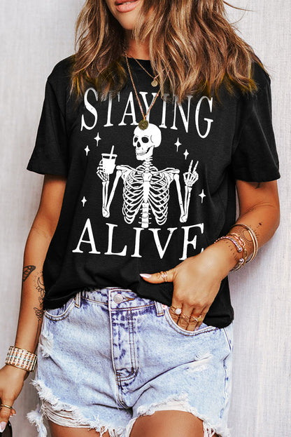 Black Staying Alive Skeleton Halloween Graphic T Shirt