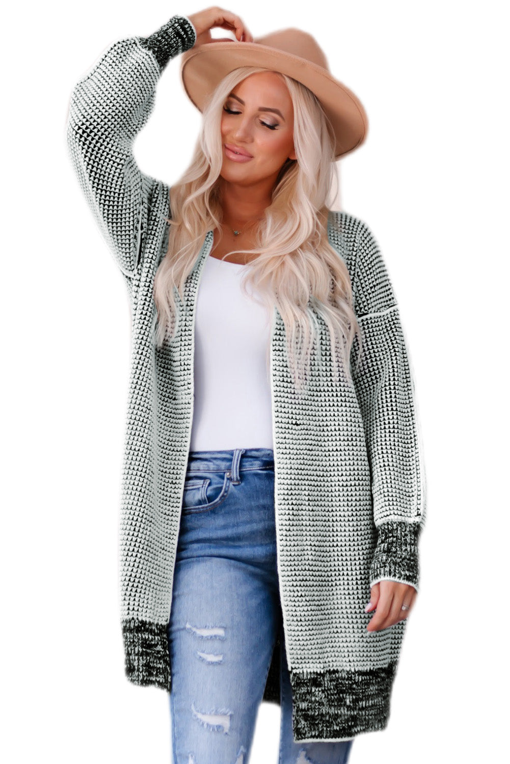 Black Plaid Knitted Long Open Front Cardigan