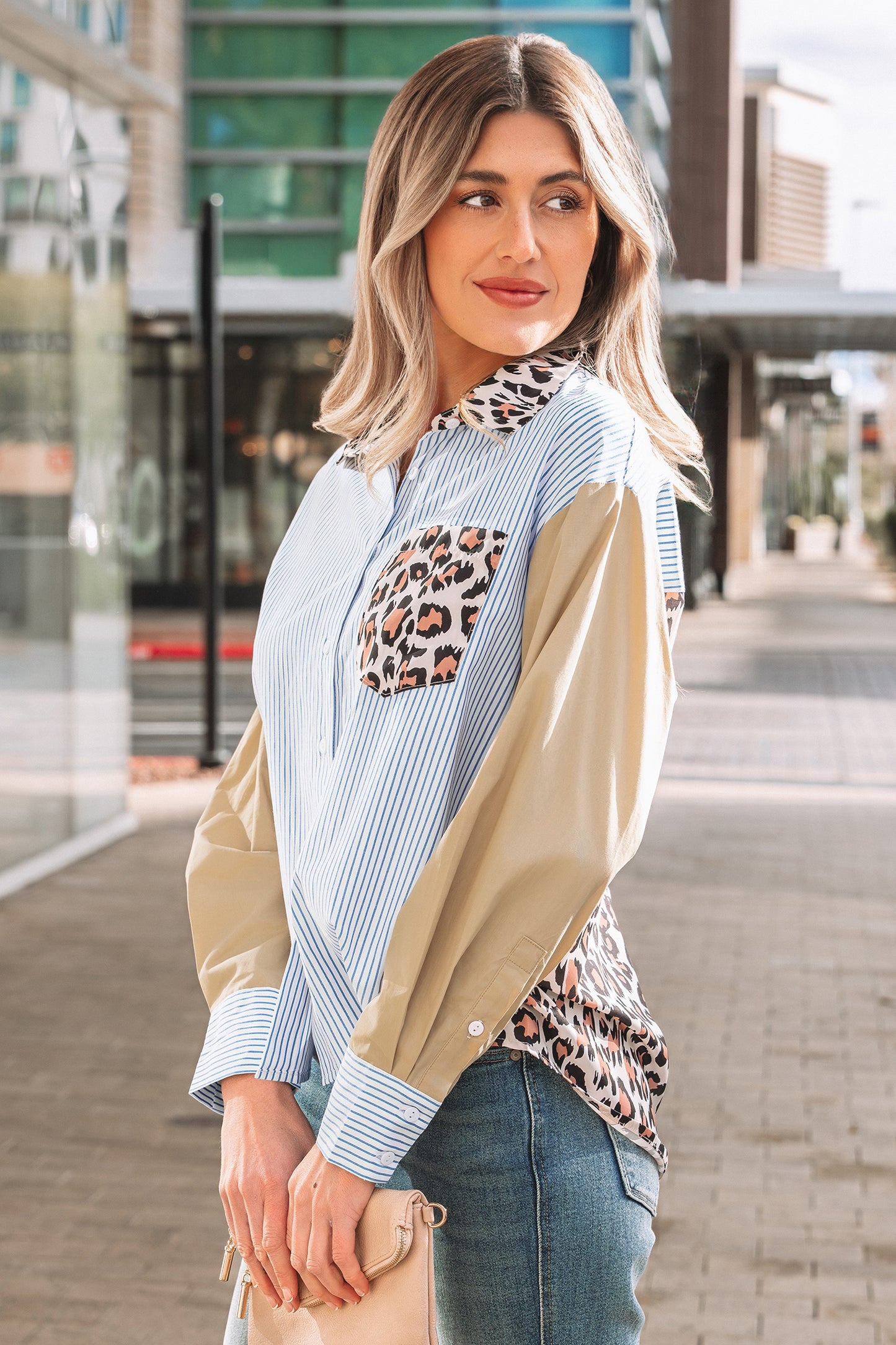 Sky Blue Striped Colorblock Leopard Patchwork Pocket Shirt