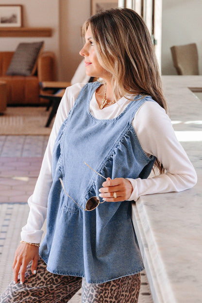 Washed Denim Ruffle Panel Babydoll Sleeveless Top