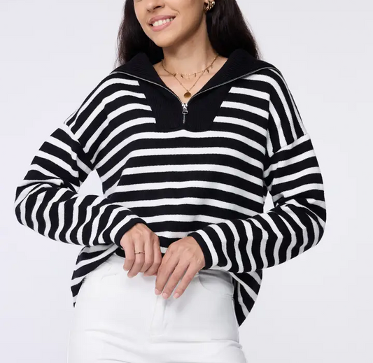 Striped Quarter Zip Pullover Sweater Casual Loose Fit