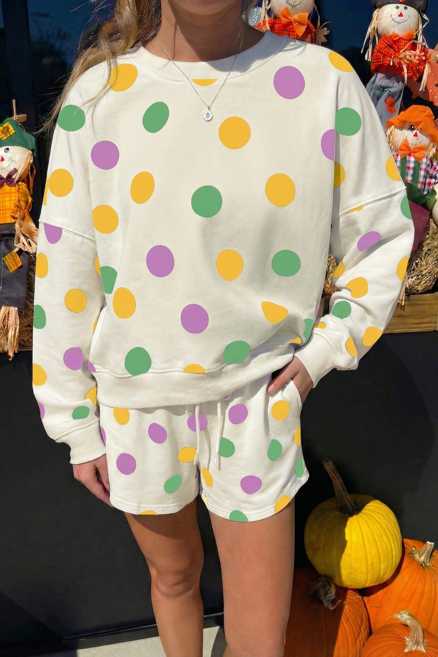 Pink Polka Dot Drop Shoulder Pullover Shorts Set