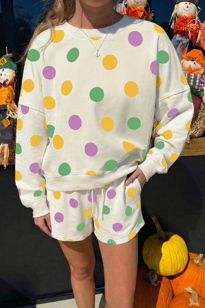 Pink Polka Dot Drop Shoulder Pullover Shorts Set