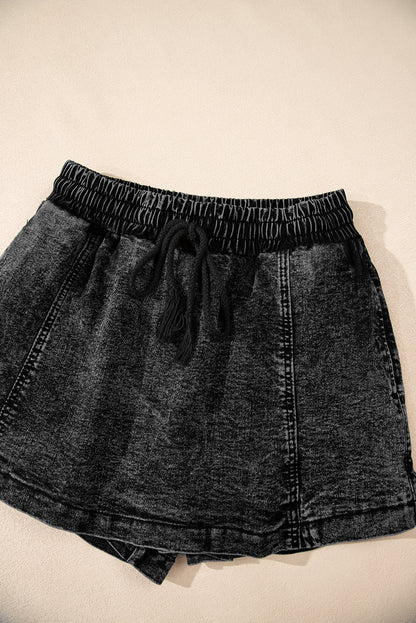 Dusk Blue Denim Skort Elastic Waist Drawstring Shorts