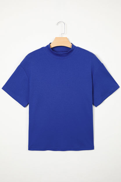 Dark Blue Oversized Mock Neck Tee Casual Relaxed Top